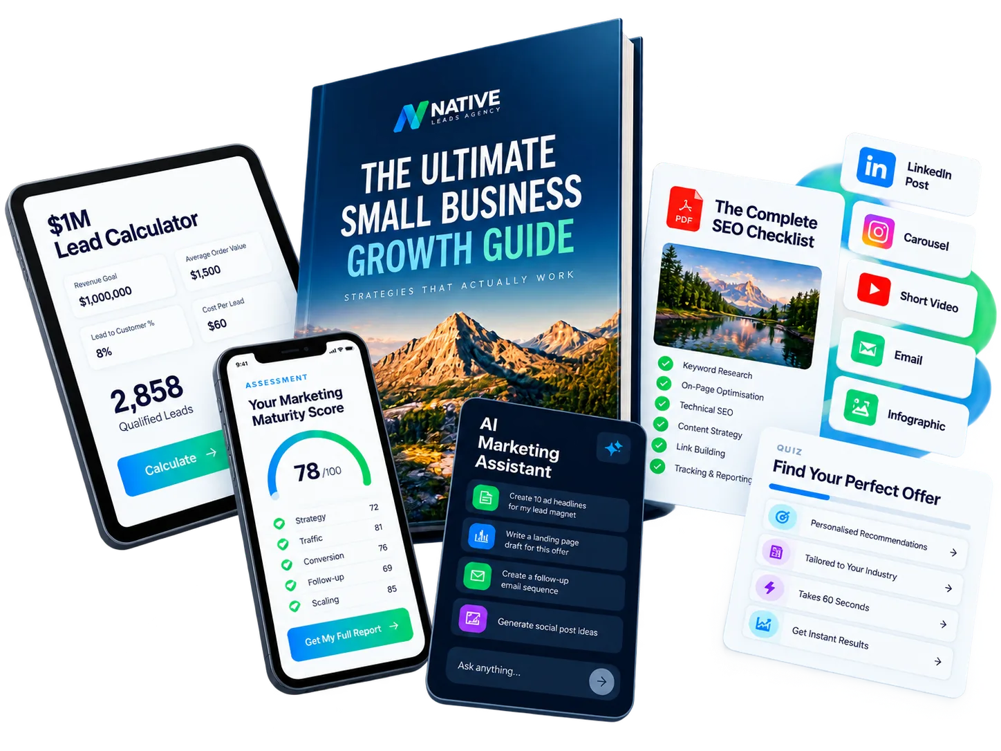 Growth guide, $1M lead calculator, marketing assessment, AI assistant, SEO checklist and quiz lead magnets