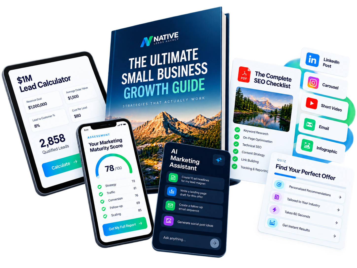 Growth guide, $1M lead calculator, marketing assessment, AI assistant, SEO checklist and quiz lead magnets
