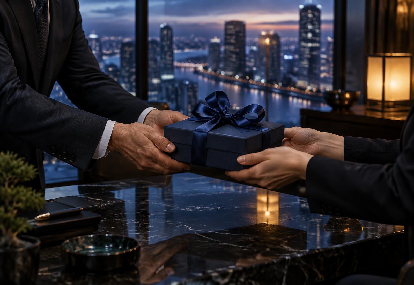 Two people presenting a navy gift box across a boardroom table